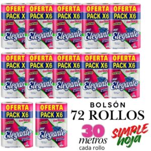 Papel Higiénico Elegante Hoja Simple 30m 6 Unidades Pack X12